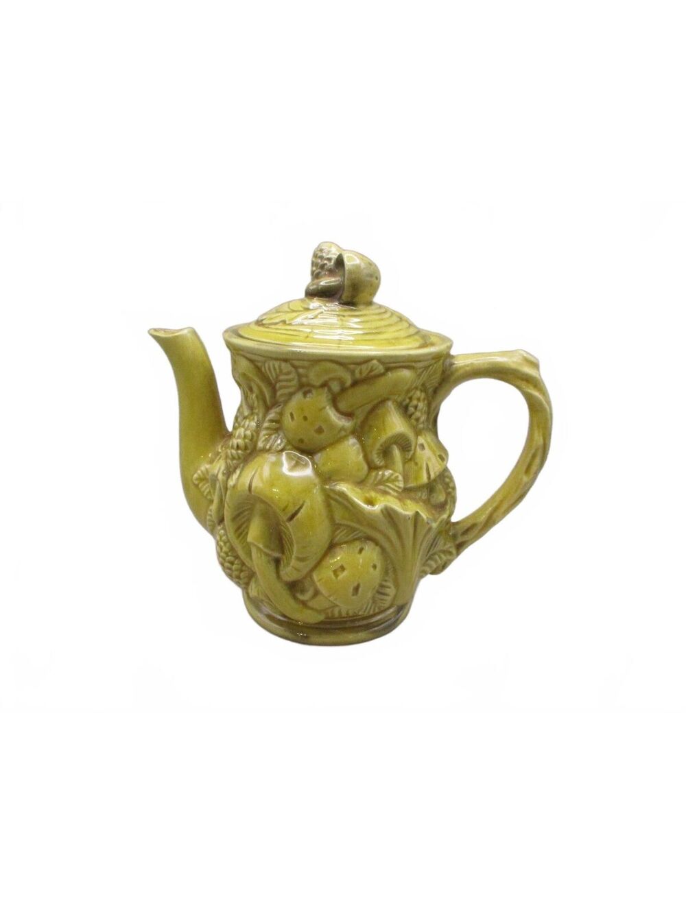 Vintage 1970s Japanese Majolica Mushroom Teapot Yellow Pinecone Relief